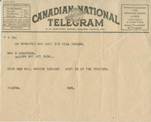 Canadian National Telegram to Mrs O Anderson from her son Bob