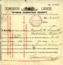 Dominion Lands Interim Homestead Receipt