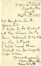 [Invitation acceptance letter from Thos. Hunter]