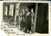 1. Cpl. Bates, 2. Fritz interpreter, 3. Pte. Cormier Taken at Remels ie. [Remmels] Germany