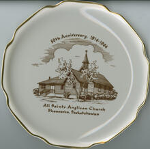 "50th Anniversary 1914-1964 - All Saints Anglican Church, Shaunavon, Saskatchewan" white china souvenir plate