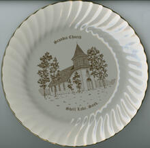 "Scandia Church Shell Lake, Sask." white china souvenir plate