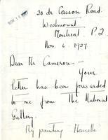 Letter from Lilias Torrence Newton to Mr. Cameron, Nov. 6. 1927.