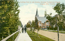 Looking East on 13th Avenue, showing Presbyterian Church, Calgary, Alta., Canada