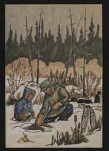 [Man and child in snow with animals]