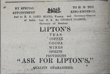 1910 Times of India Lipton's Tea, Coffee, Wine, Spirits and Provisions